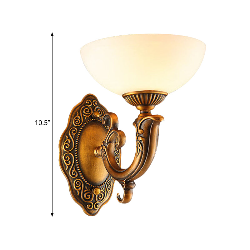 Rustic Swooping Arm Wall Light Sconce 1/2-Light Metal Wall Lighting Ideas in Brass with Bowl Frosted Glass Shade