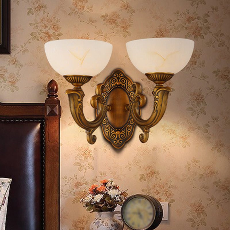 Rustic Swooping Arm Wall Light Sconce 1/2-Light Metal Wall Lighting Ideas in Brass with Bowl Frosted Glass Shade