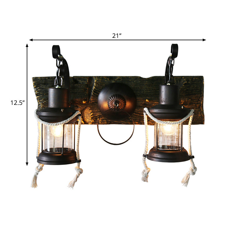 Lantern Clear Glass Wall Lighting Ideas Rustic 2 Bulbs Bar Wall Mount Light in Black