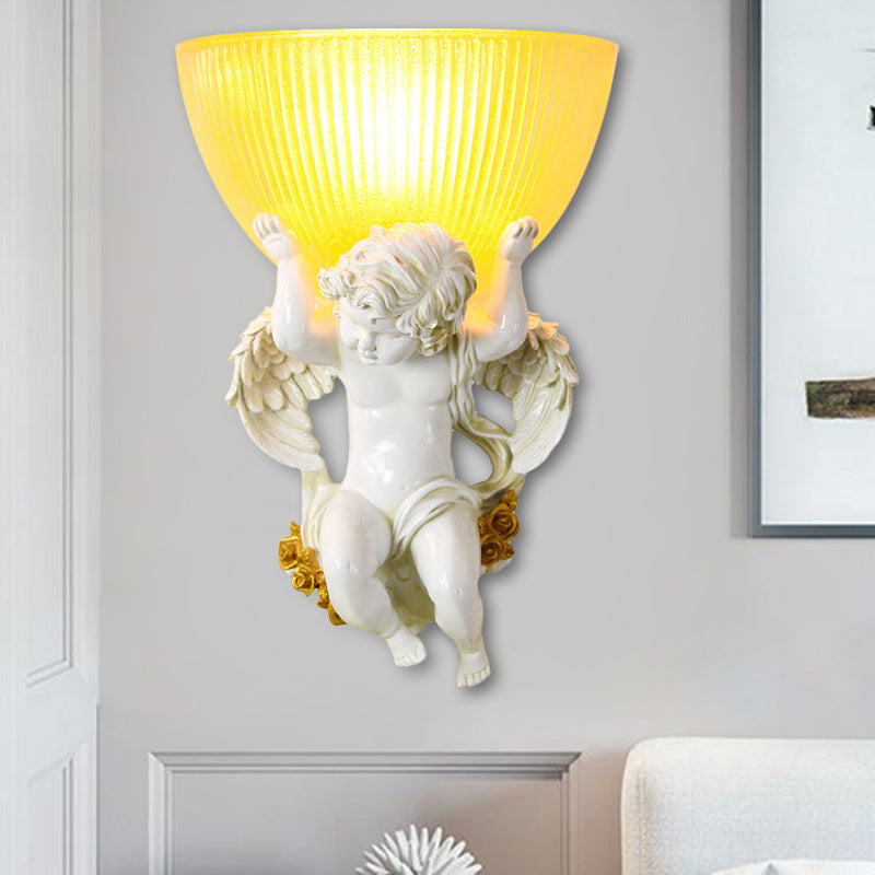 Single Bulb Angel Wall Lighting Vintage Silver/White/Beige Resin Wall Mounted Lamp with Bowl Amber Fluted Glass Shade