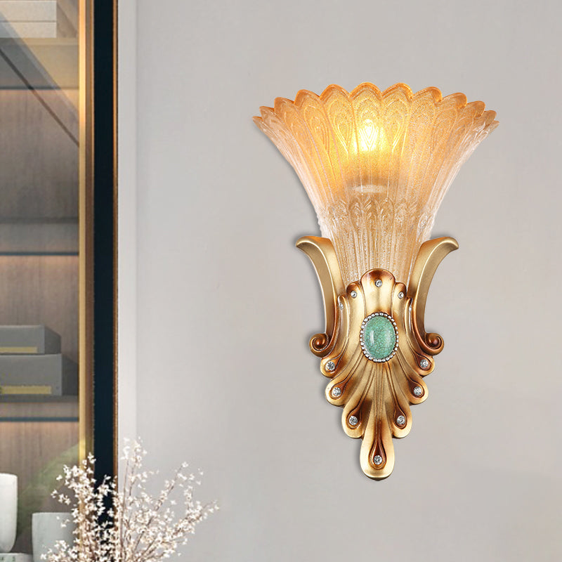 Scalloped Corridor Wall Sconce Loft Style Amber Ribbed Glass 1-Bulb Gold Wall Lighting with Peacock Feather Design