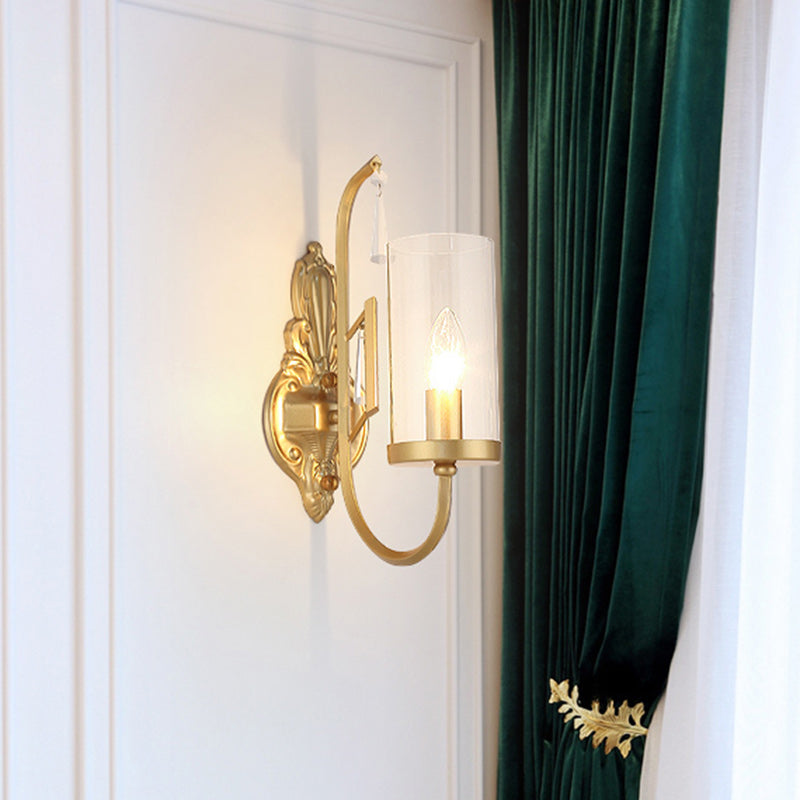 Iluminación de pared de cilindro de oro país Clear Glass 1/2 Light Sala Surface Pared Splock con brazo curvo