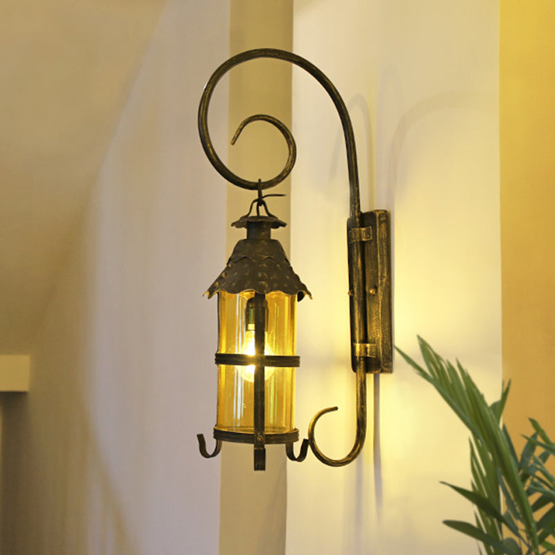 Retro Lantern Wall Mount Lighting 1 Head Metallic Wall Light Fixture with Scroll Arm in Antique Bronze