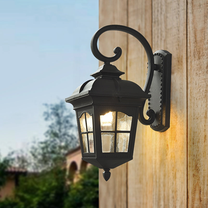 1 Light Seedy Glass Wall Lamp Antique Black Lantern Doorway Wall Light with Up/Down Curved Arm, 10"/12.5" W