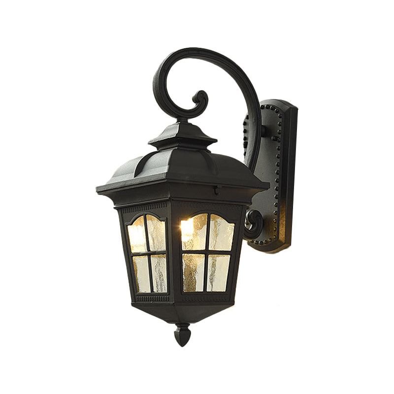 1 Light Seedy Glass Wall Lamp Antique Black Lantern Doorway Wall Light with Up/Down Curved Arm, 10"/12.5" W