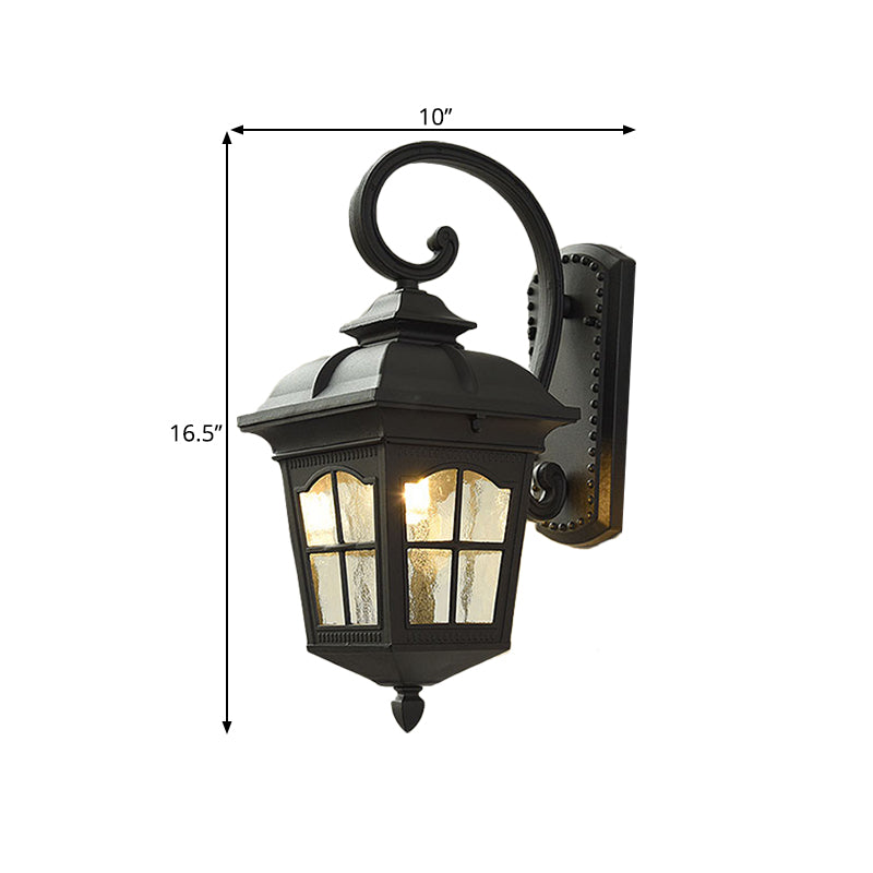 1 Light Seedy Glass Wall Lamp Antique Black Lantern Doorway Wall Light with Up/Down Curved Arm, 10"/12.5" W
