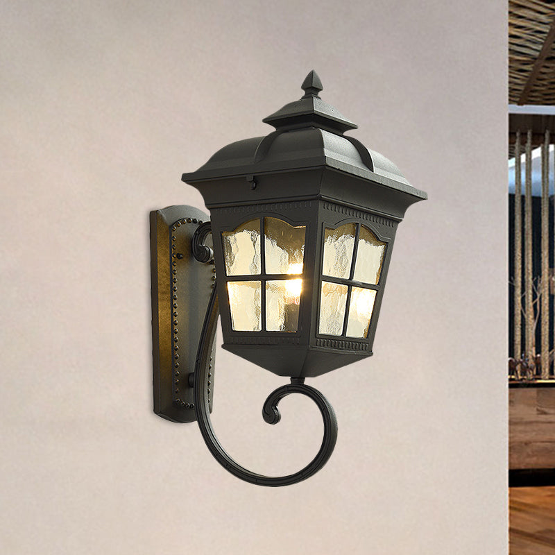 1 Light Seedy Glass Wall Lamp Antique Black Lantern Doorway Wall Light with Up/Down Curved Arm, 10"/12.5" W