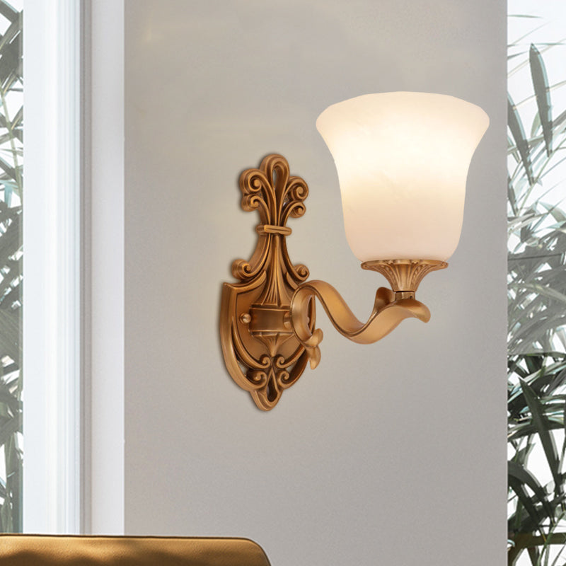 Brass 1 Hear Wall Light Countryside Opal Glass Bell Shaped Wall Sconce Lighting with Curvy Arm