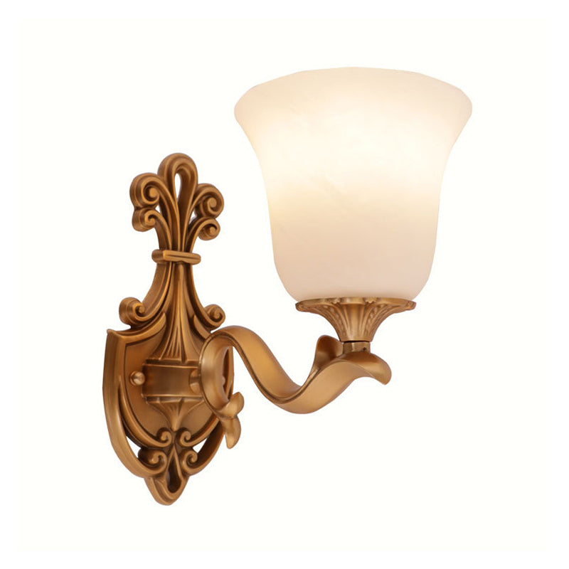 Brass 1 Hear Wall Light Countryside Opal Glass Bell Shaped Wall Sconce Lighting with Curvy Arm