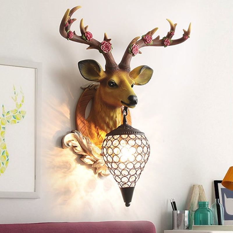 Rural Deer Wall Lighting 1-Head Resin Wall Mounted Lamp with Clear Hand-Cut Crystal Shade in Gold/Grey/White