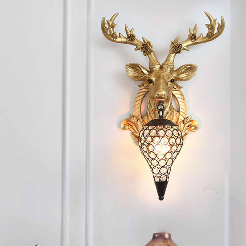 Rural Deer Wall Lighting 1-Head Resin Wall Mounted Lamp with Clear Hand-Cut Crystal Shade in Gold/Grey/White