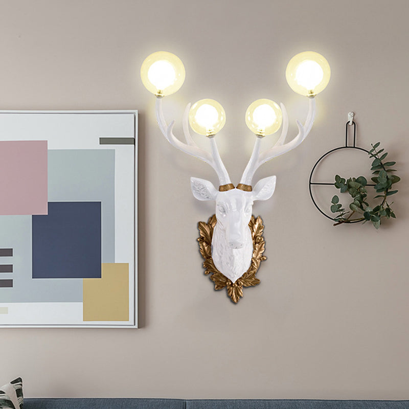 White 4 Lights Sconce Lamp Antique Resin Deer-Shaped Ball Clear Glass Shade Wall Lighting Fixture
