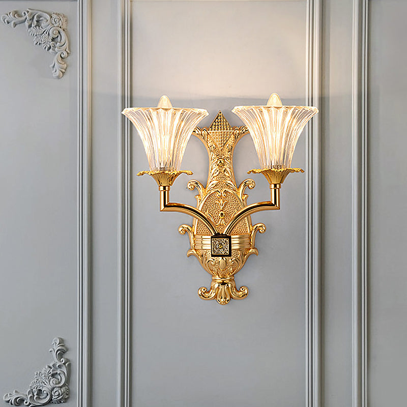Clear Fluted Glass Gold Wall Lamp Tapered 2-Light Rustic Style Wall Lighting Fixture