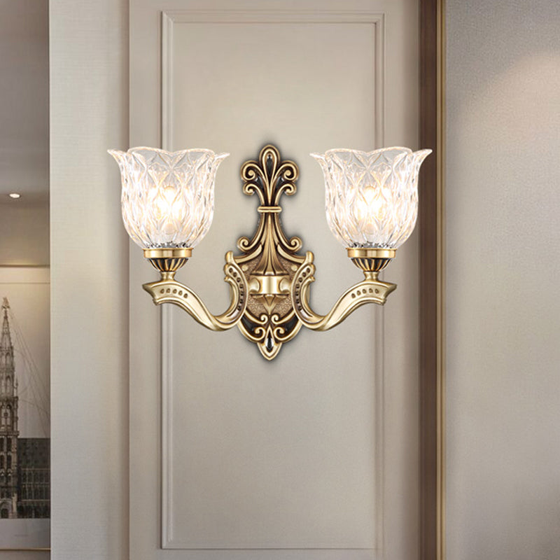 1/2-Head Wall Lighting Idea Cottage Blossom Clear Lattice Glass Brass Sconce Light Fixture
