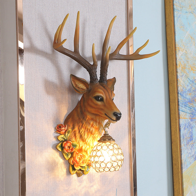Resin Sika Deer Wall Light Countryside 1-Head Bedside Floral Wall Sconce Lighting with Orb Clear Crystal Shade in White/Brown/Bronze