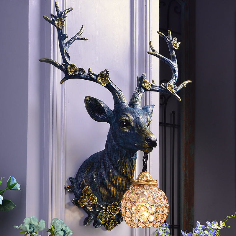White/Blue 1 Light Wall Lamp Country Style Resin Deer and Flower Wall Mounted Lighting with Faceted Clear Crystal Shade