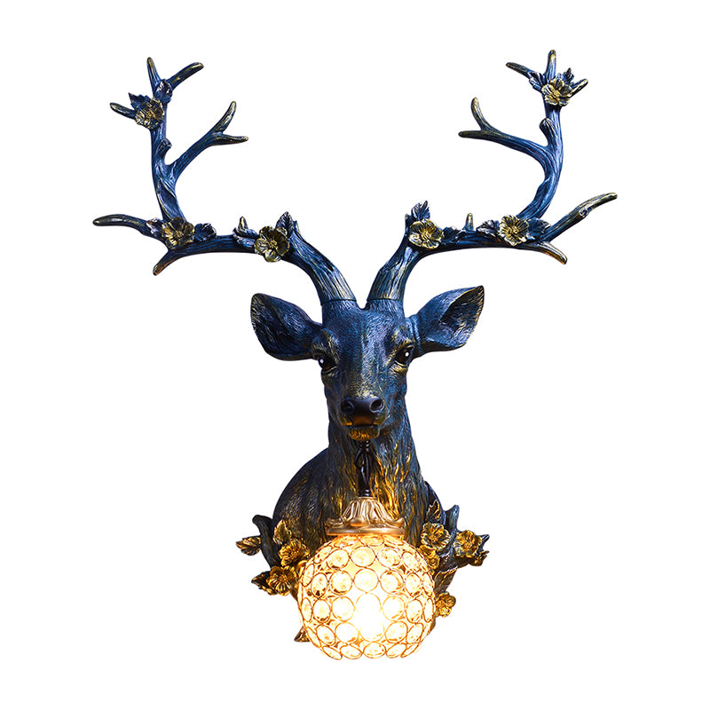 White/Blue 1 Light Wall Lamp Country Style Resin Deer and Flower Wall Mounted Lighting with Faceted Clear Crystal Shade