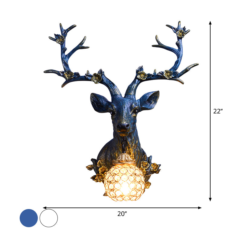 White/Blue 1 Light Wall Lamp Country Style Resin Deer and Flower Wall Mounted Lighting with Faceted Clear Crystal Shade