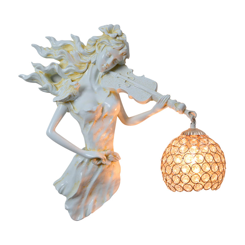 Antiqued Girl Holding Violin Wall Lamp Single Bulb Resin Wall Light Sconce with Ball Beveled Clear crystal Shade in White/Gold