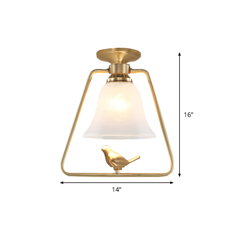 Gefrertete Glasgolddecke Beleuchtung Glockenform 1 Kopf Vintage Semi Flush Light mit Trapezkäfig und Vogeldesign