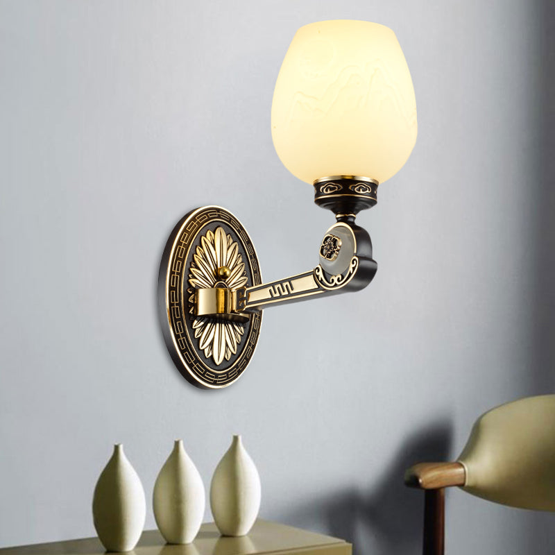 Milky Glass Carving Oval Sconce Vintage 1 Light Living Room Wall Lighting Fixture in Black and Gold
