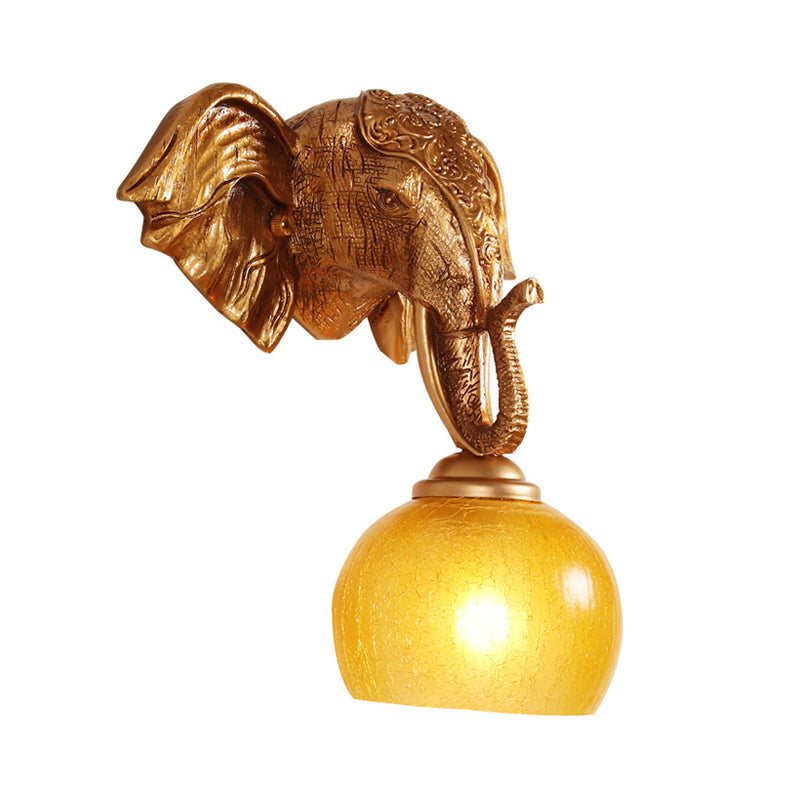 Gold 1-Bulb Wall Lighting Traditional Orb Crackle Frosted Glass Wall Sconce with Resin Elephant Backplate