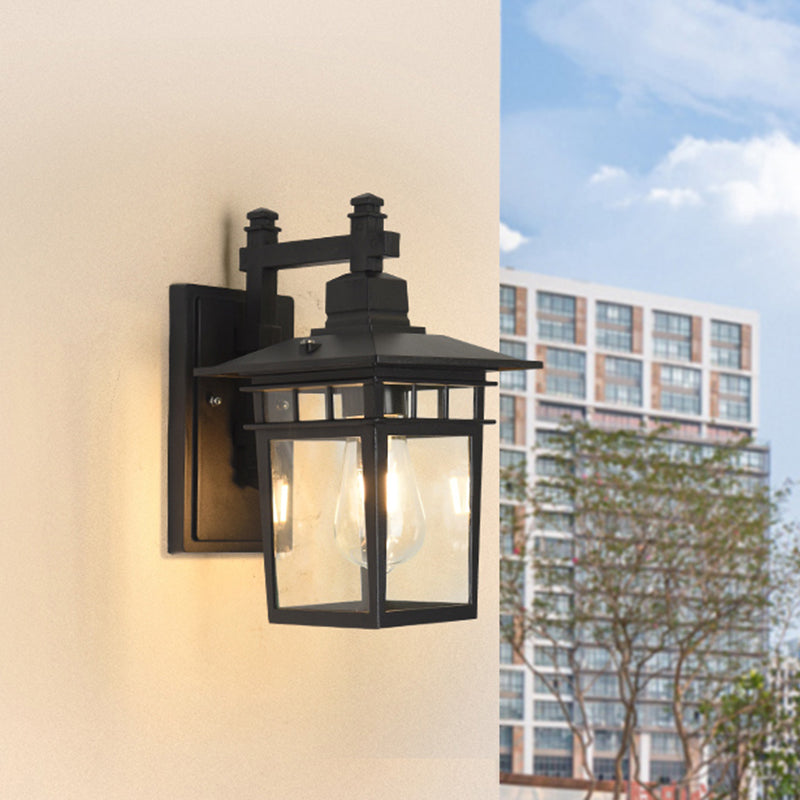 Pavilion Clear Glass Wall Lighting Industrial 1-Bulb Outdoor Wall Mounted Lamp in Black