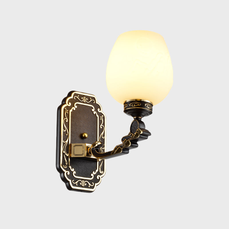 Classic Cup-like Wall Sconce 1-Head Cream Glass Etching Wall Mounted Lighting in Black