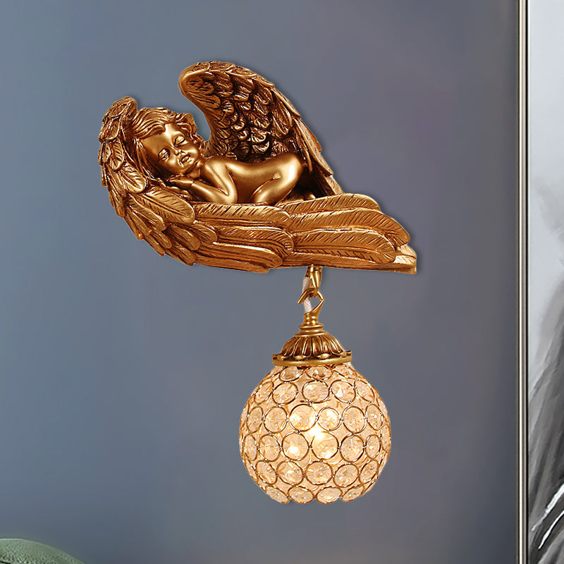 Sleeping Angel Hallway Wall Light Countryside Resin 1-Head Dark Gold Wall Mounted Lamp with Globe Faceted Crystal Shade, Left/Right