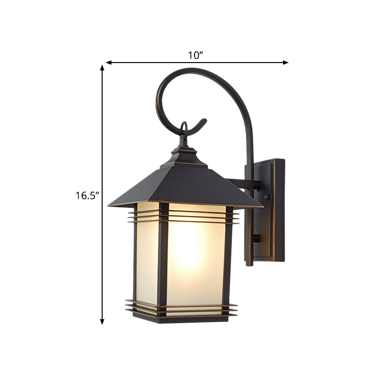 Black Lantern Wall Lamp Fixture Rustic Opaque Glass 1 Light Outdoor Wall Mounted Lighting
