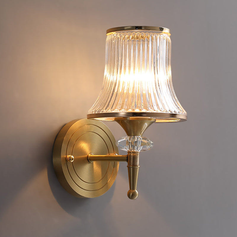 Conic Clear Ribbed Glass Wall Light Fixture Classic 1/2-Bulb Living Room Wall Sconce in Brass with Crystal Accent
