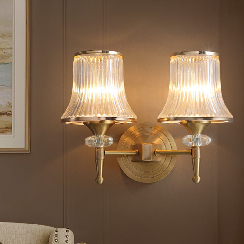 Conic Clear Ribbed Glass Wall Light Fixture Classic 1/2-Bulb Living Room Wall Sconce in Brass with Crystal Accent