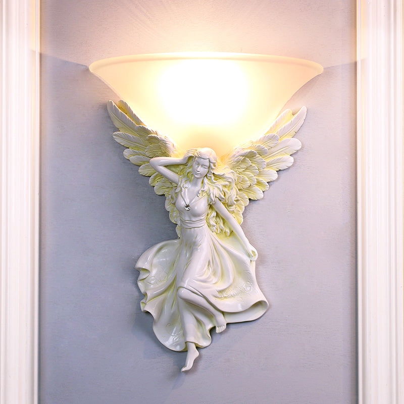 Frosted Glass Bell Shade Wall Lighting Traditional 1 Bulb Corridor Wall Light Sconce with Resin White/Gold Angel Backplate, Right/Left