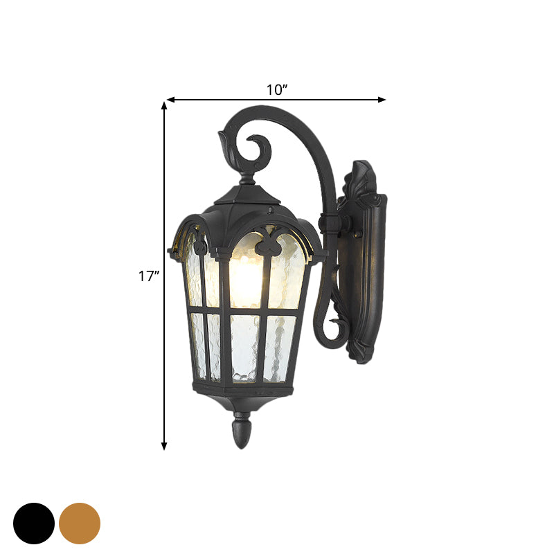10"/14" W 1 Light Water Glass Wall Lamp Farmhouse Black/Brass Lantern Doorway Wall Lighting with Curvy Arm