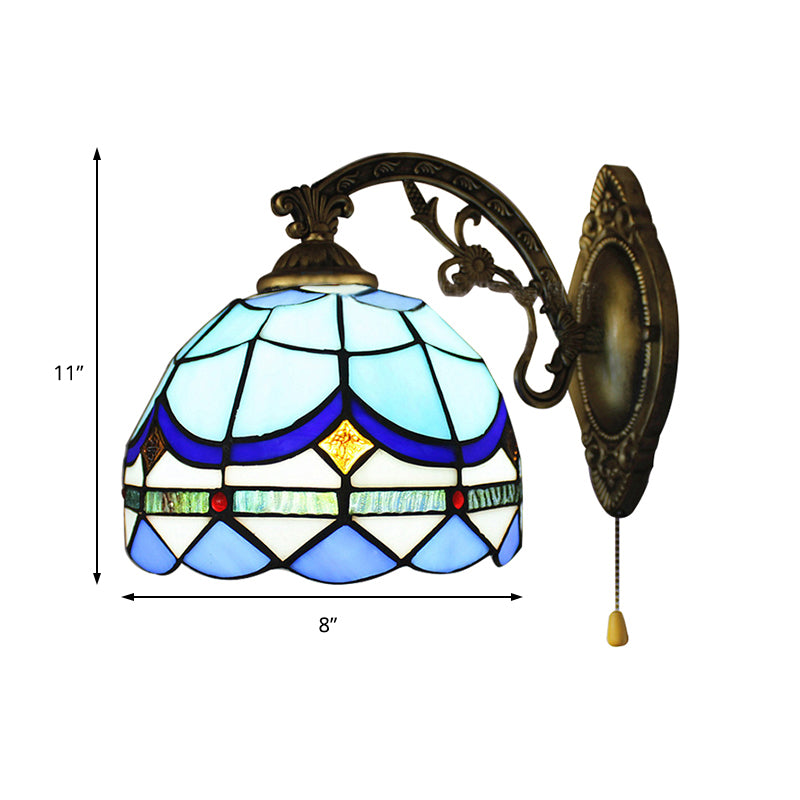 1 Light Dome Wall Lamp with Pull Chain Baroque Style Stained Glass Wall Sconce Light in Sky Blue/Navy Blue