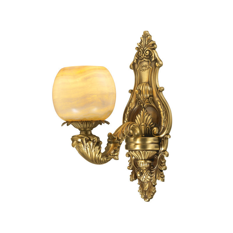 1-Head Flower Wall Mount Lighting Rustic Brass Finish Marble Wall Sconce with Arched Arm