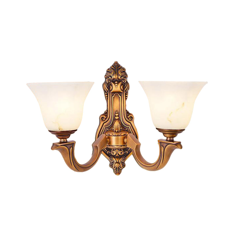 2 lichten SCONCE LICHT Rustieke slaapkamer wandlamp met belmaanglazen schaduw in messing