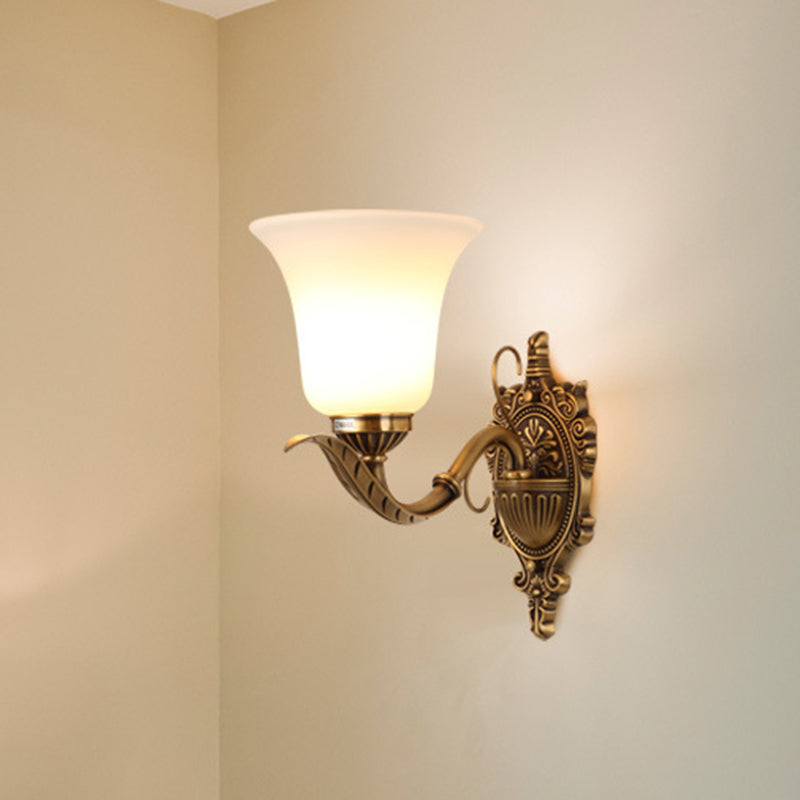 Opal Glass Brass Wall Mount Light Bell Shade 1 Light Traditional Style Wall Lighting Ideas with Carved Backplate