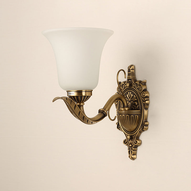 Opal Glass Brass Wall Mount Light Bell Shade 1 Light Traditional Style Wall Lighting Ideas with Carved Backplate