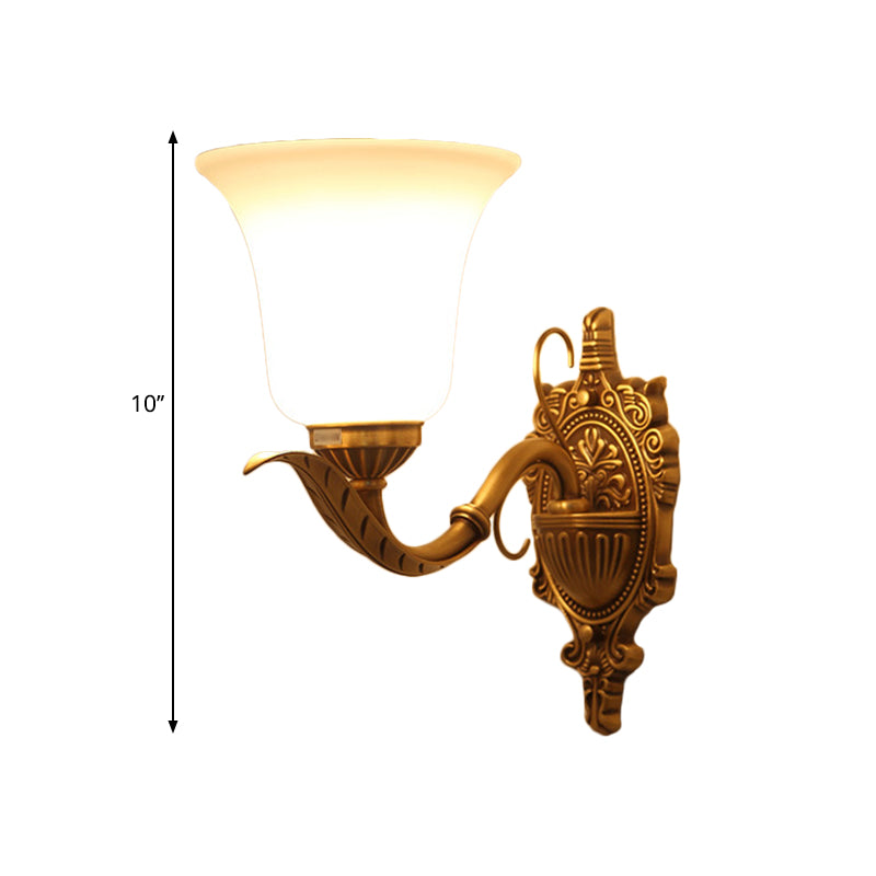 Opal Glass Brass Wall Mount Light Bell Shade 1 Light Traditional Style Wall Lighting Ideas with Carved Backplate