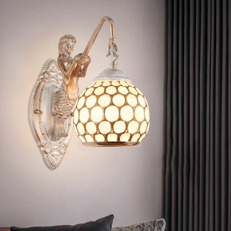 Sphere Bedroom Wall Lighting Ideas Traditional Style Metal 1 Head White Wall Sconce Light with Resin Mermaid Backplate
