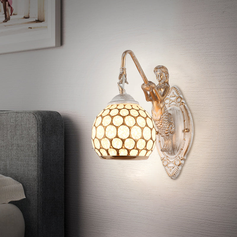 Sphere Bedroom Wall Lighting Ideas Traditional Style Metal 1 Head White Wall Sconce Light with Resin Mermaid Backplate