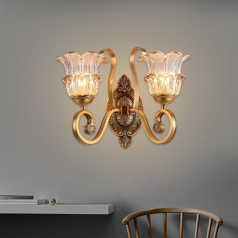Brass 1/2-Bulb Wall Lighting Fixture Countryside Crystal Glass Flower Wall Light Sconce with Swooping Arm