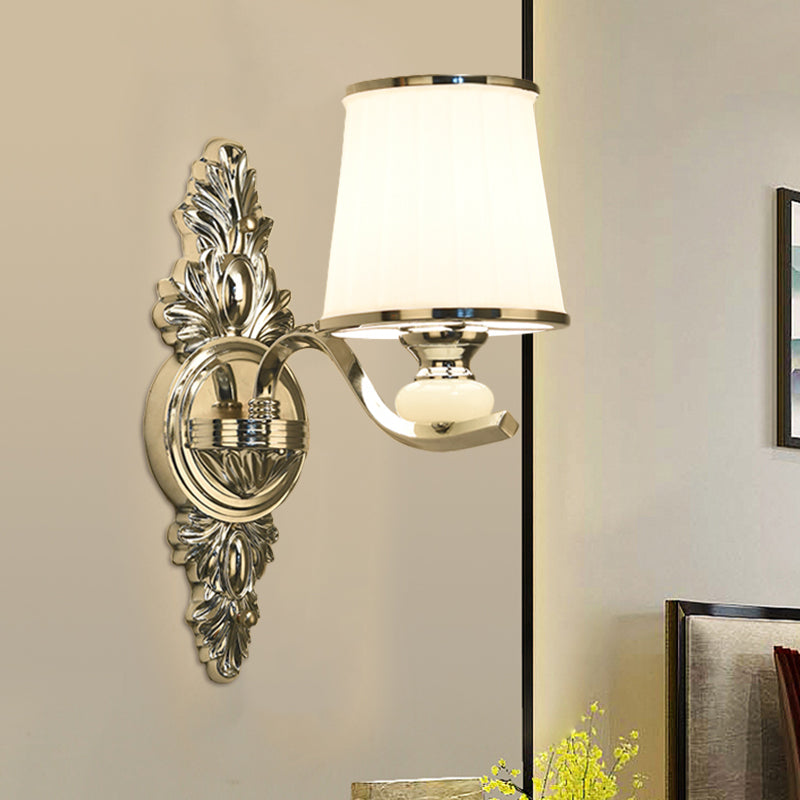 Cone Bedroom Wall Light Fixture Traditional White Glass 1/2-Bulb Chrome/Gold Finish Wall Sconce with Carved Backplate