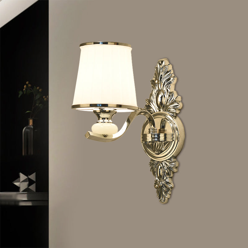 Cone Bedroom Wall Light Fixture Traditional White Glass 1/2-Bulb Chrome/Gold Finish Wall Sconce with Carved Backplate