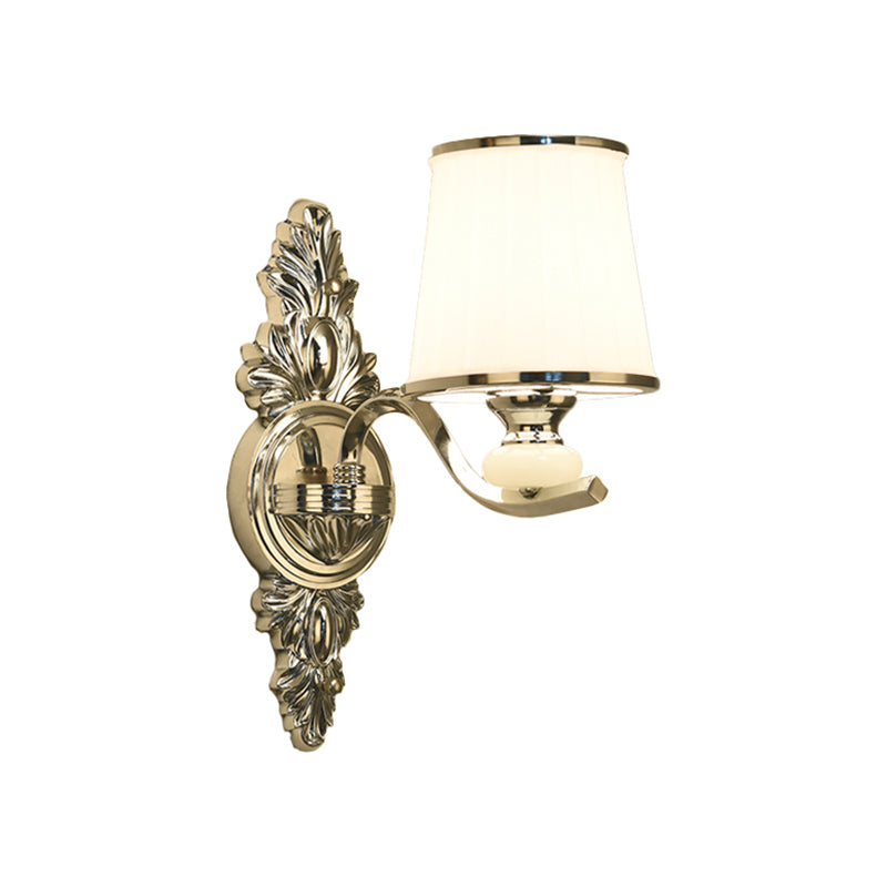 Cone Bedroom Wall Light Fixture Traditional White Glass 1/2-Bulb Chrome/Gold Finish Wall Sconce with Carved Backplate