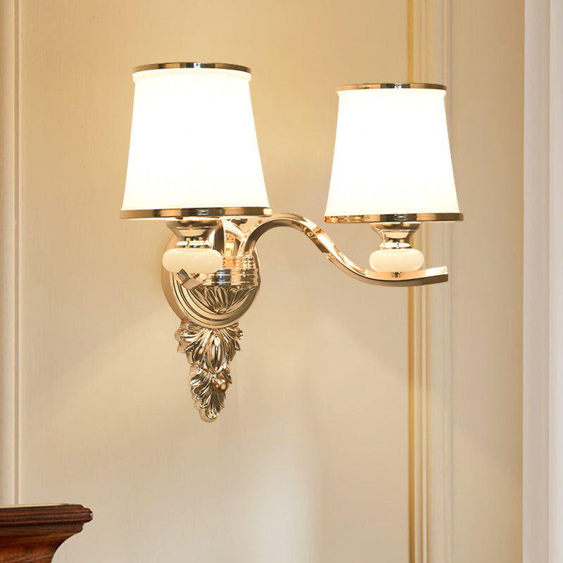 Cone Bedroom Wall Light Fixture Traditional White Glass 1/2-Bulb Chrome/Gold Finish Wall Sconce with Carved Backplate