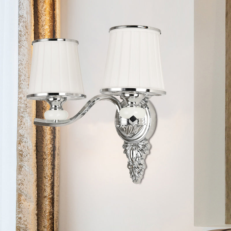 Cone Bedroom Wall Light Fixture Traditional White Glass 1/2-Bulb Chrome/Gold Finish Wall Sconce with Carved Backplate