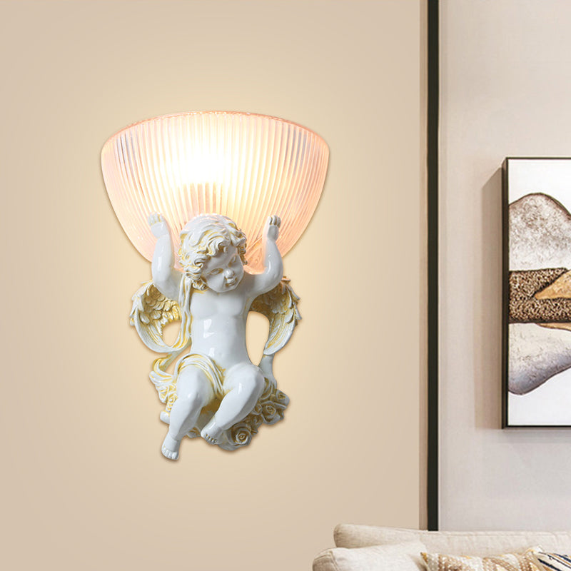 Résine Éclairage mural blanc / or Angel 1 tête de campagne Countryside Mur Light Office avec une nuance en verre à semelles à demi-boullage