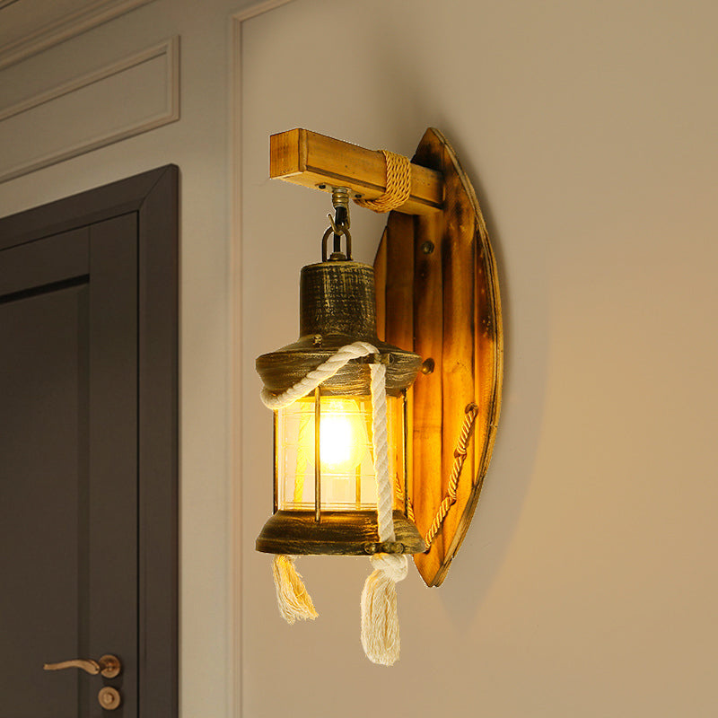 Single Bulb Wall Light Sconce Rural Style Lantern Clear Glass Wall Mounted Lamp in Antique Bronze